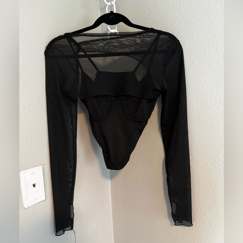 Black corset crop top with see through shoulder cover
